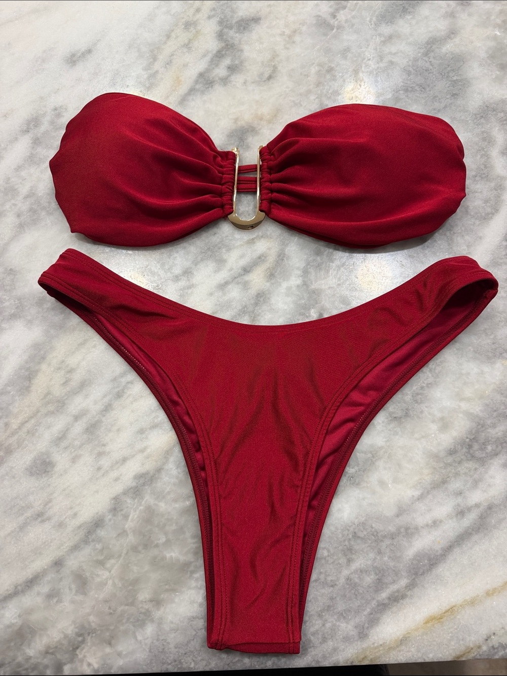 Red Bandeau Bikini Set with Gold Accent